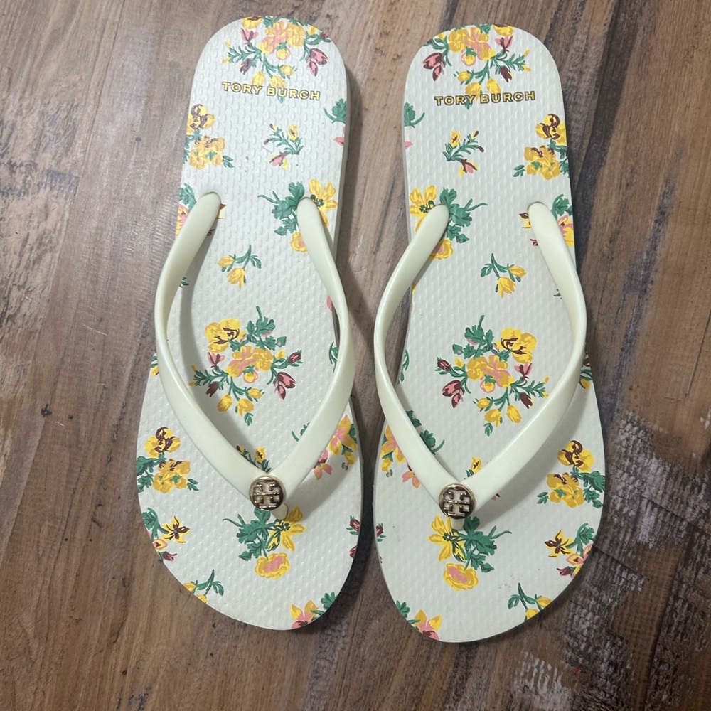 Tory Burch Cream Floral Logo Flip Flops